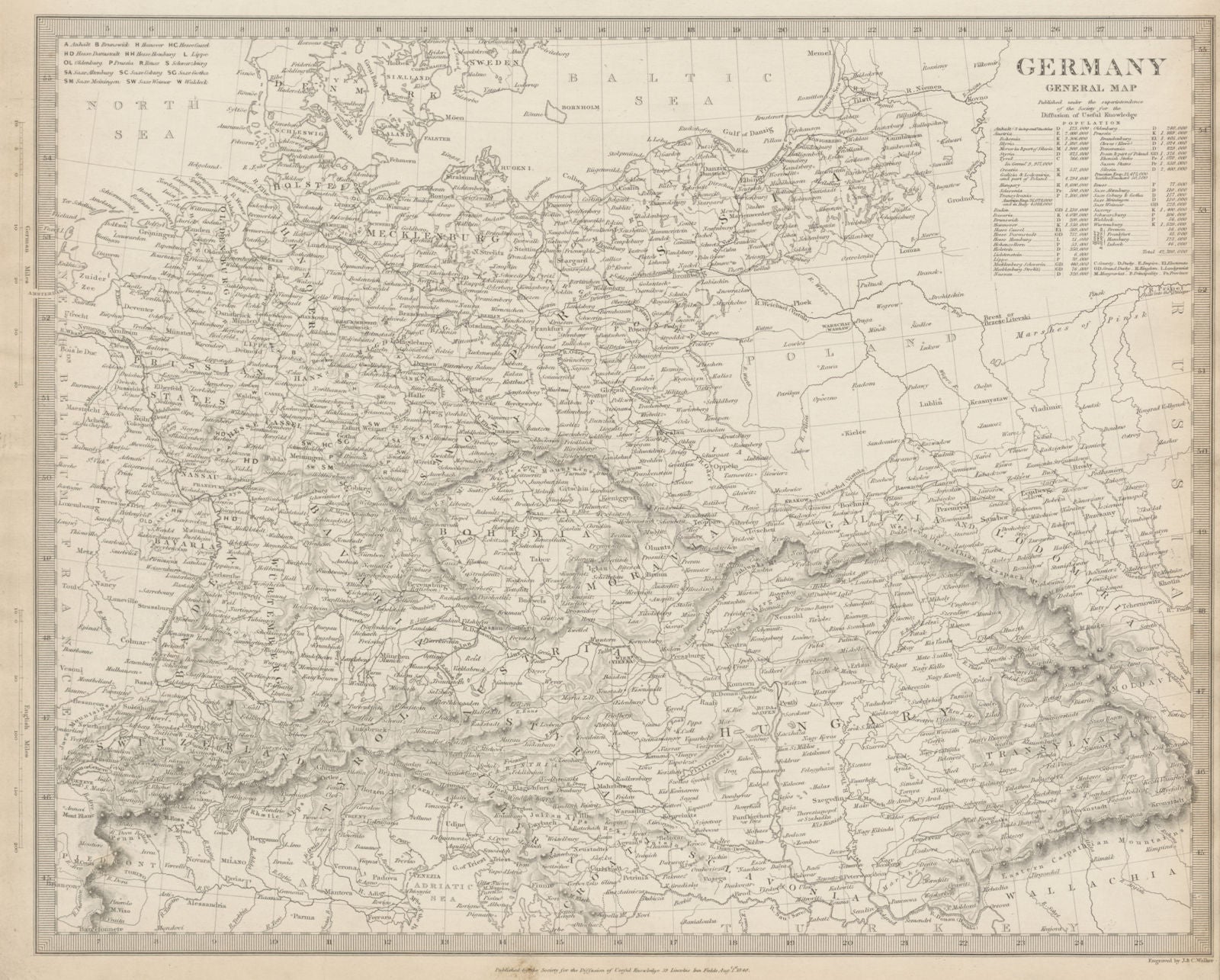 GERMANY general Map. Central Europe. Hungary. Population table. SDUK 1844
